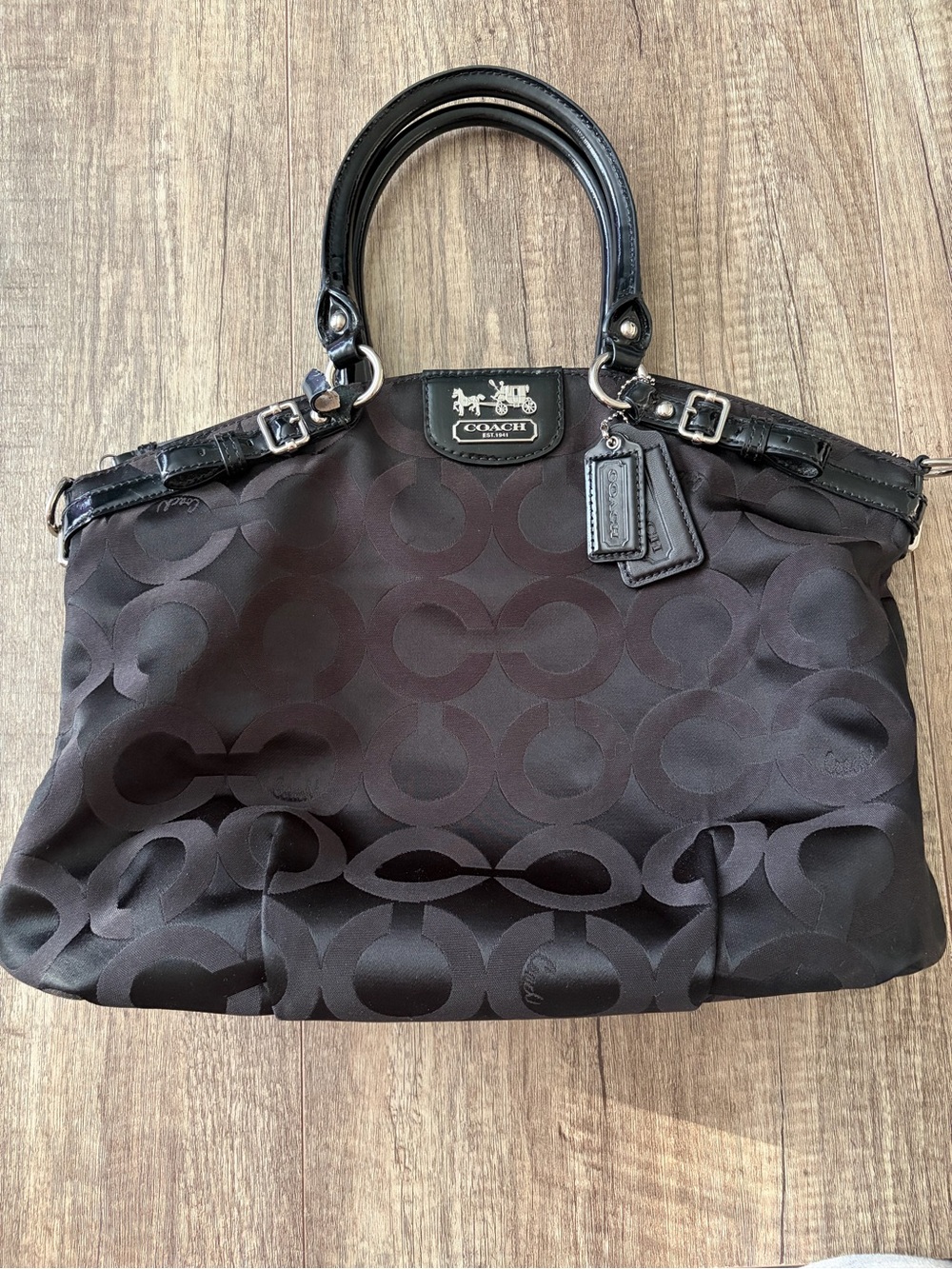 Coach Black Signature Satchel with Leather Trim